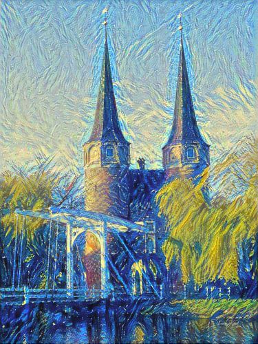 Schilderij Oostpoort Delft in stijl Van Gogh