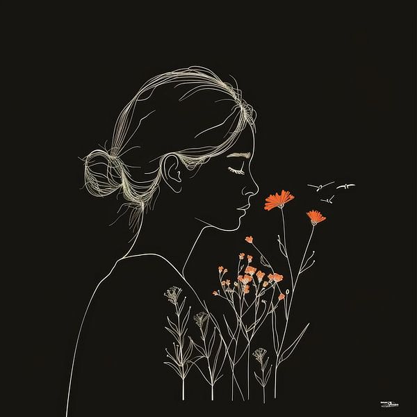 Strichzeichnung einer Frau mit einer Blume von Gelissen Artworks