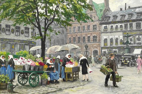 Paul Fischer, Bloemisten bij Højbro Plads, Storkespringvandet op de achtergrond