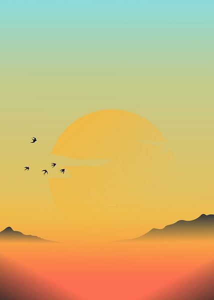 Zonsondergang met vogelsilhouetillustratie van Golden Haze Studio