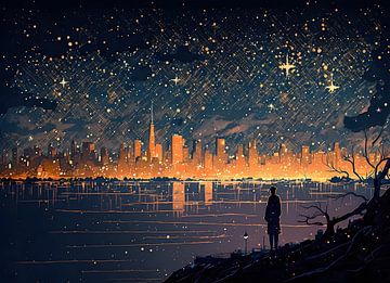 New York Skyline | The Starry Night | Vincent van Gogh | Panorama Schilderij van AiArtLand