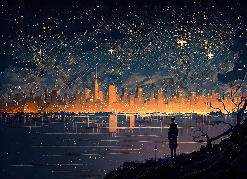 New York Skyline | The Starry Night | Panoramic Painting by AiArtLand