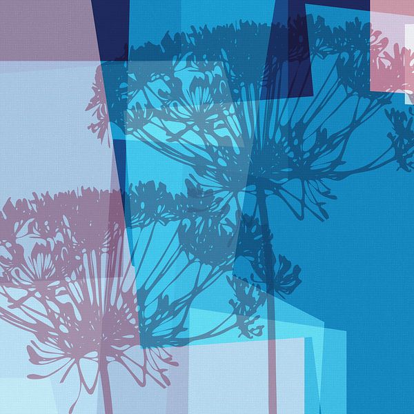 Colorful botanical art with geometric shapes in blue and pink by Dina Dankers