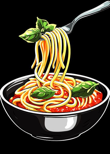 Spaghetti met tomatensaus en basilicum in een kom van Pixelbull Design