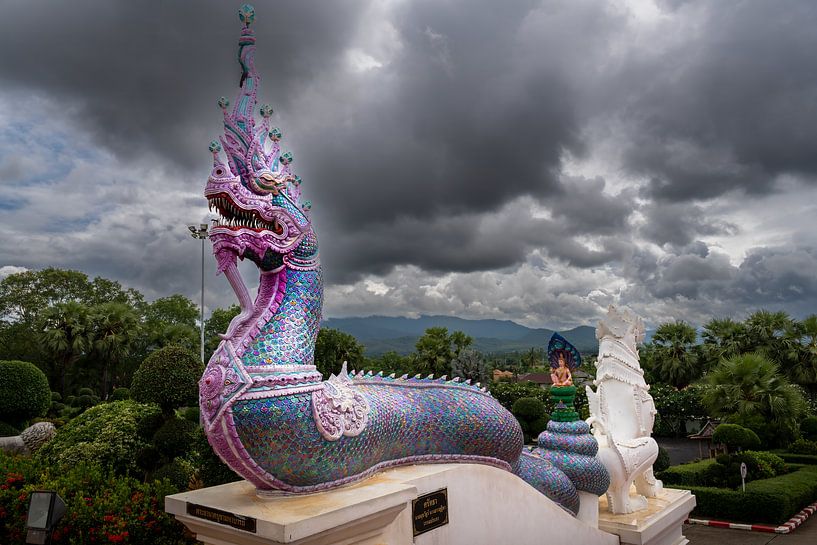 Naga slang met donkere wolken in Wat Ban Den Tempel, Chiang Mai Thailand van Franklin Driessen
