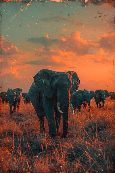 Elephant herd traverses savannah by Art & Soul Creations