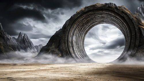 Majestueuze stenen boog in een mistig bergwoestijnlandschap
