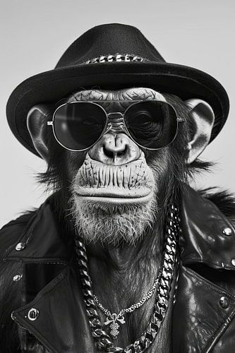 Stijlvolle chimpansee in leren jas en zonnebril