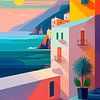 Farbenfrohes mediterranes Küstendorf in modernem Grafikdesign von STUDIO ARTSY