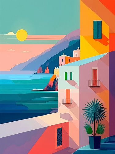 Farbenfrohes mediterranes Küstendorf in modernem Grafikdesign