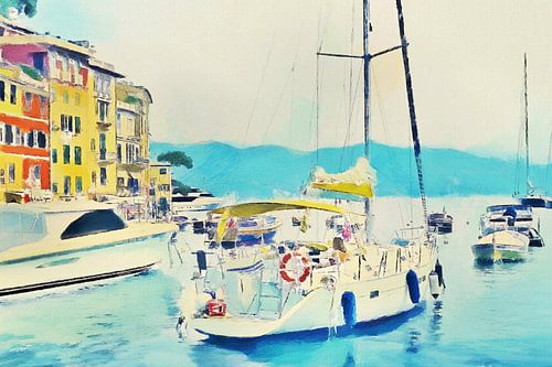 Digitaal Schilderij Portofino Italiaanse Rivièra Riviera Italie Italië