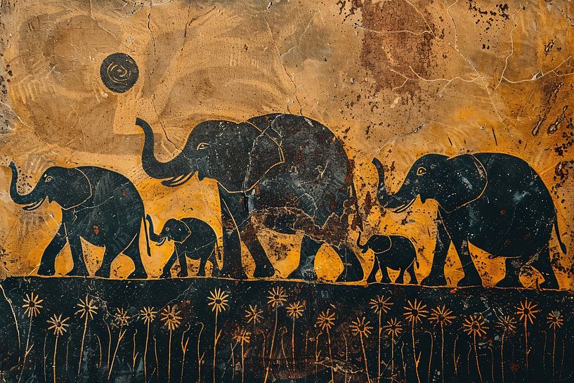 Spaziergang einer Elefantenfamilie bei Sonnenuntergang von Art & Soul Creations