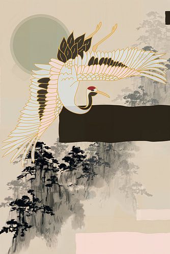 Cigogne volante aux douces nuances de brun et de rose - Minimalist Nature Art