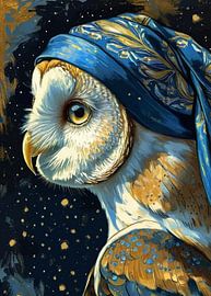 Owl in “Girl With a Pearl Earring” Style — Starry Night Theme