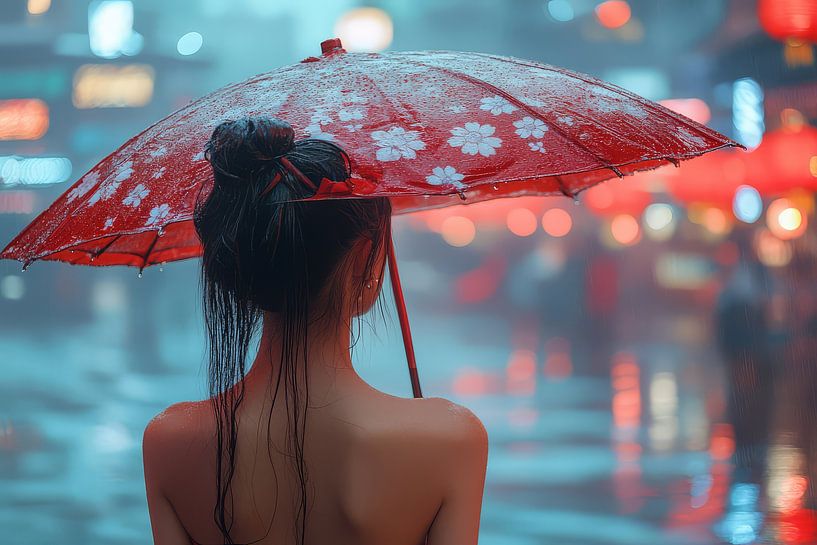 Picturesque Japanese statue woman with umbrella by Egon Zitter