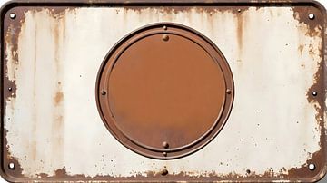 Roestig wit rechthoekig metalen bord met een bruin rond teken van Harry Adam
