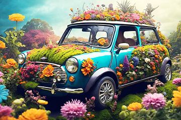 Mini Cooper surréaliste dans une mer de fleurs