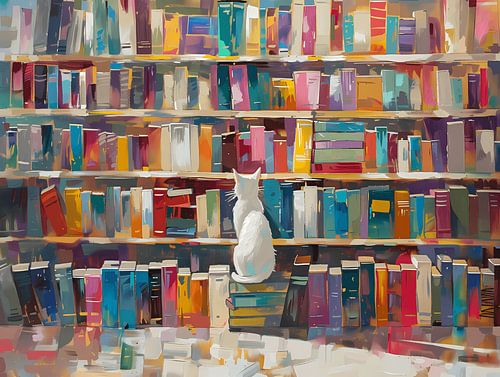 Chat blanc dans la bibliothèque - à la recherche de livres
