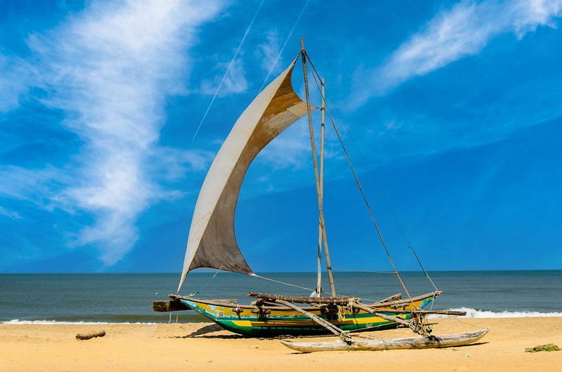 Zeilschip op het strand van Negombo op Sri Lanka van Dieter Walther