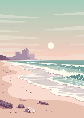 Illustration vectorielle minimaliste et stylisée représentant une plage paisible au coucher du soleil, avec la silhouette d'un château au loinIllustration vectorielle minimaliste et stylisée représentant une plage paisible au coucher du soleil, avec la silhouette d'un château au loin