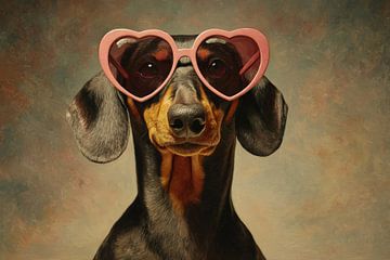 Teckel avec lunettes roses en forme de cœur sur Eva Lee