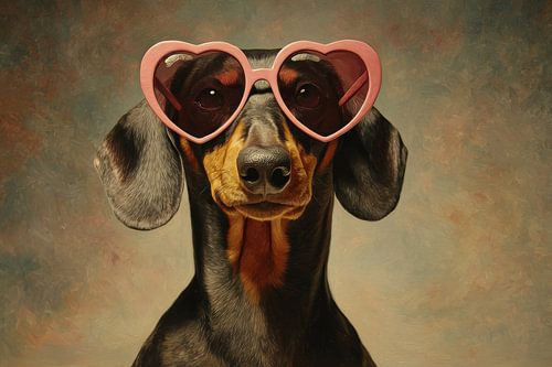 Teckel avec lunettes roses en forme de cœur