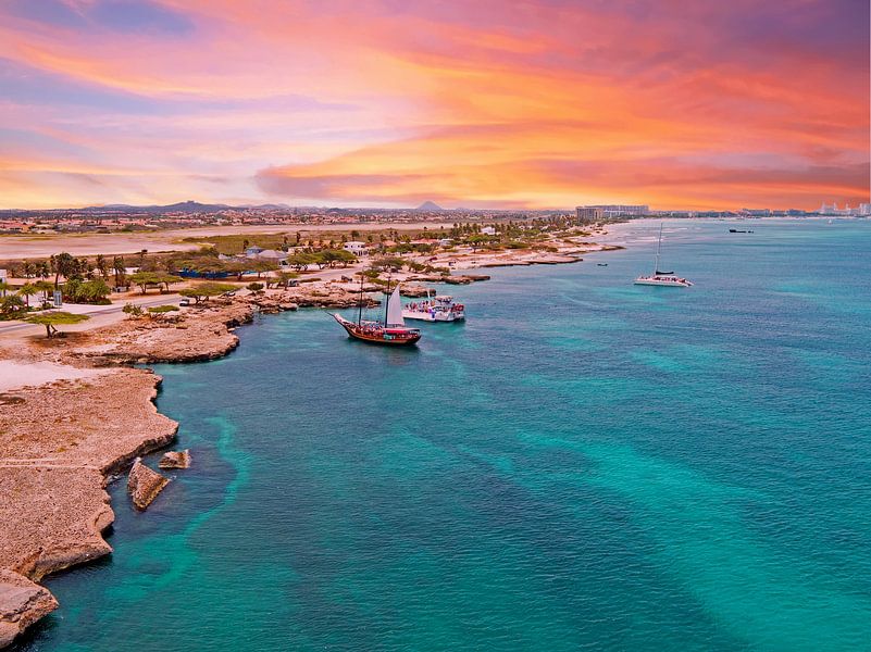 Aerial view of Aruba on the west coast at sunset by Eye on You