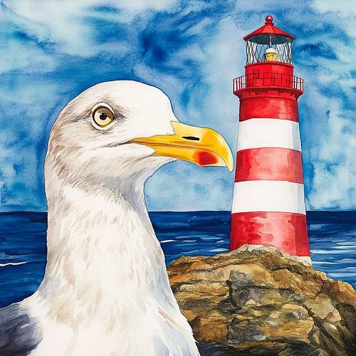 Zeemeeuw en vuurtoren aan zee