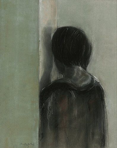 Portrait d'une femme qui se cache.  Dessiné à la main. sur Ineke de Rijk