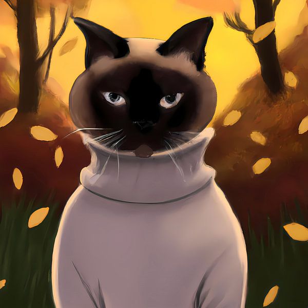 Sweet portrait of a Siamese cat with white turtleneck and falling leaves by Maud De Vries