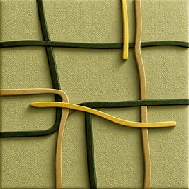 Japandi abstract artwork featuring woven lines in olive green and gold