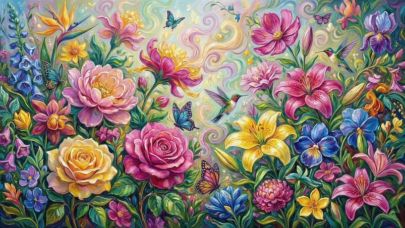 Floral Painting with Butterflies and Hummingbirds by Markus Gann