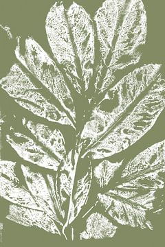 White leaves   in Japandi style. Modern botanical  art in pastel warm green and white. by Dina Dankers
