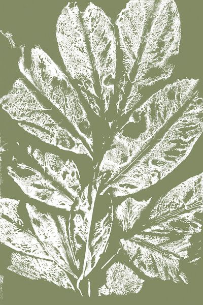 Feuilles blanches dans le style Japandi. Art botanique moderne en vert chaud pastel et blanc. par Dina Dankers