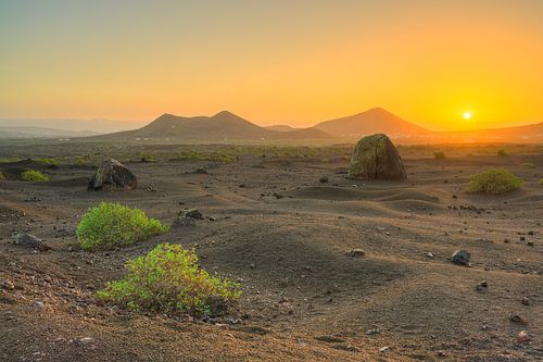 Volcanic landscape on Lanzarote in the magic of the first sunlight