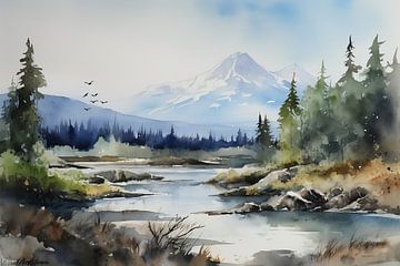 Aquarellen Landschap Alaska van Uncoloredx12