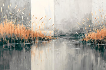 Nordic coastal tranquillity – Minimalist Scandinavian lakeside landscape – Grey, Beige, Gold
