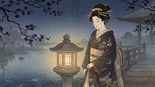Moonlit Geisha Beside A Glowing Garden Lantern