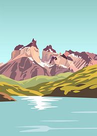 Minimalist flat vector illustration of rugged granite peaks overlooking a serene turquoise glacial lake. by Adam Khabibi