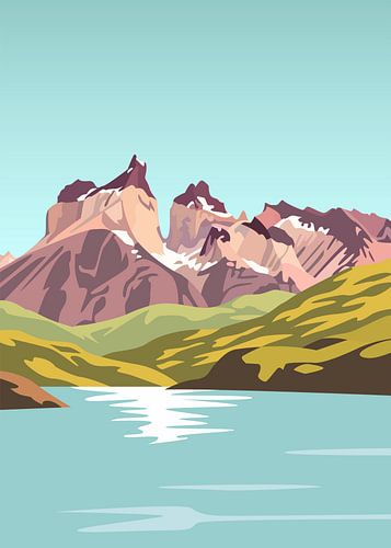 Minimalistische, platte vectorillustratie van ruige granieten bergtoppen die uitkijken over een rustig, turkoois gletsjermeer.
