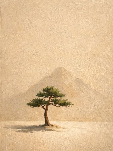 Einsame Kiefer im beigen Nebel