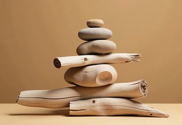 Roches empilées et bois flotté sur fond beige