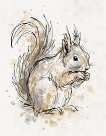 Watercolour animals – sketch-style in shades of brown and grey – squirrel drawing by Emiel de Lange