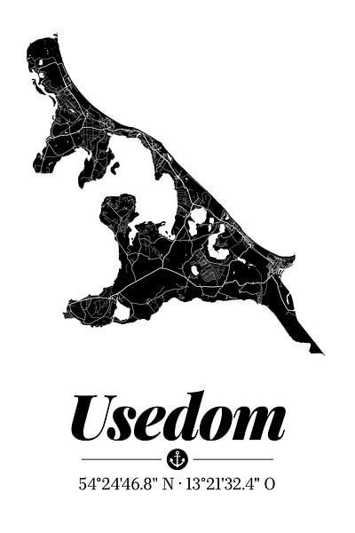 Usedom | Landkarten-Design | Insel Silhouette | Schwarz-Weiß von ViaMapia