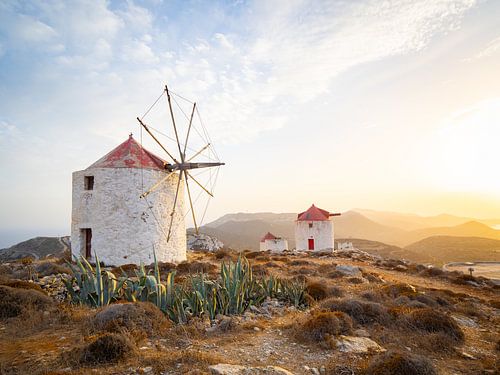 Sunset at the windmills of Hora, Amorgos island. Cyclades, Greece