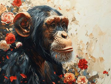 Reflectie van Wijsheid - Chimpansee in Florale Gedachten van Eva Lee