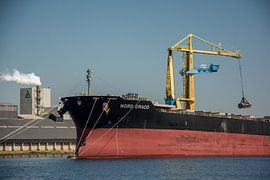 The bow of the Nord Draco Bulkcarrier in Port Amsterdam. by scheepskijkerhavenfotografie