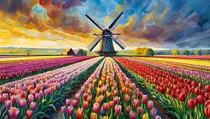 Windmolen in het tulpenveld bij zonsondergang, Nederland van Animaflora PicsStock