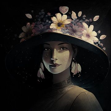 Vrouw met grote hoed en bloemen, linnen -1 van Pieternel, Fotografie en Digitale kunst
