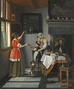 Intérieur avec homme buvant et deux femmes avec un enfant nourrissant un perroquet, Pieter de Hooch par Des maîtres magistraux Aperçu